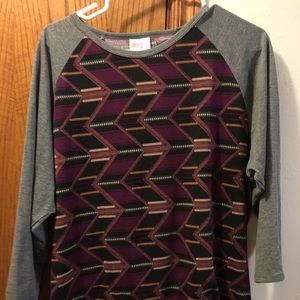 Dark purple and black detail on body gray sleeves